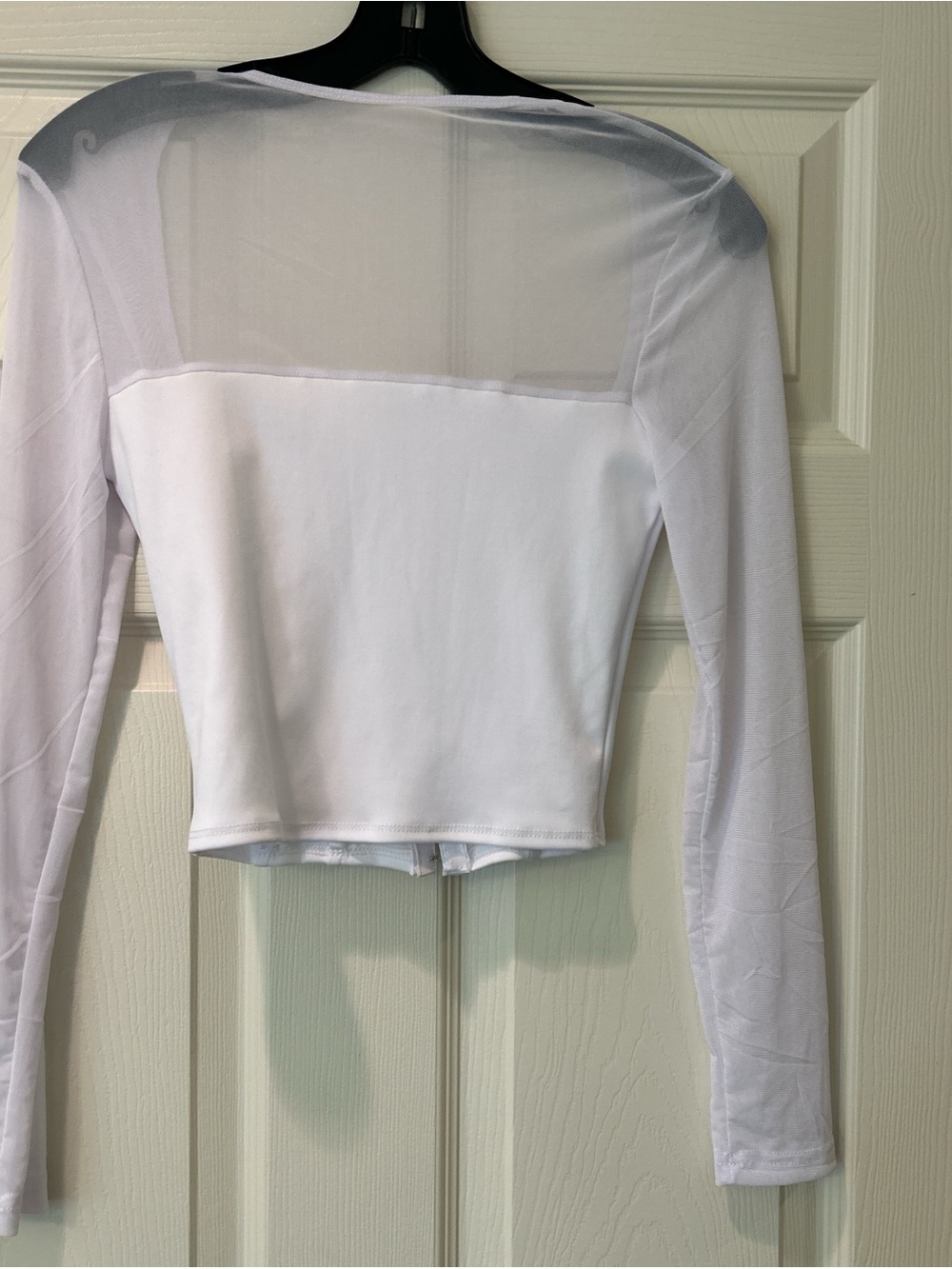 White Long-Sleeve Sheer Panel Crop Top